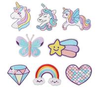 8uds Parches Termoadhesivos de Unicornio de Ensueño para Niñas, 8 Estilos Parches Bordados para Planchar Apliques de Costura DIY Arcoíris Corazón Mariposa Parches Diamantes para Niños Vestido