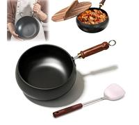 9"/11" Uncoated Iron Pan with Wooden Lid, Japanese Iron Pan, Hand Forged Non-Stick Irons Pans, Big Belly Pot Ironss Panss Stock Pot, for High-Heat Frying, Gas Stoves Induction Hobs (A,11.02in)
