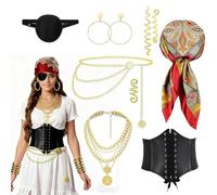 9 accesorios de disfraz de pirata, accesorios de pirata para mujer, disfraz de pirata, accesorios para mujer, incluye pañuelo para la cabeza, parche en los ojos, aretes, collar, disfraz de pirata e