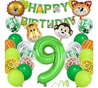 9 Años Decoración Cumpleaños Selva, Fiesta Safari Con Globos Animales, Happy Birthday Banner 40'' y 9 Globo para Wild One Infantil Niño Suministros