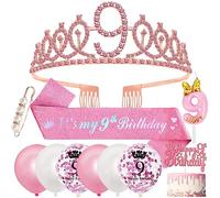 9 Cumpleaños Corona Banda 9 Años Decoración Cumpleaños, Oro Rosa Corona Cumpleaños Sash Globos Velas de 9º Cumpleaños 9 Años Primero de la Torta para 9 Cumpleaños Niña Decoracion 9 Cumpleaños
