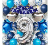 9. Decoración de cumpleaños para niños - Azul Plata Globo Set con número XXL 9, 40 globos de látex, 4 globos de aluminio, cortina plateada y pancarta de feliz cumpleaños, decoración para fiestas de 9