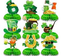 9 decoraciones de panal del día de San Patricio, centros de mesa temáticos irlandeses surtidos con duendes, macetas de oro, tréboles y tazas de cerveza, perfecto para festivales de primavera y