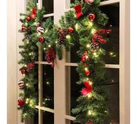 9 FT LED Christmas Garland with Pinecones Red Berries Bows Christmas Balls Candies, Multi-Function Christmas Garland with 50 Warm White LED Lights, 18