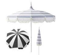 9 Ft Patio Umbrella with UV Protection Scalloped Canopy & Fringe - Stylish Outdoor Sunshade for Balcony Garden and Patio - Elegant Pagoda Design (White/Black)