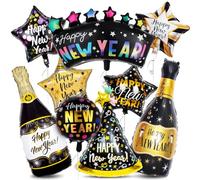 9 Globos de Aluminio Nochevieja 2026, Globos de Nochevieja con Estrella de Champán, 2026 Happy New Year Globo, Año Nuevo 2026 Decoración de Fiesta, Oro Negro Globo gigantes de Año Nuevo
