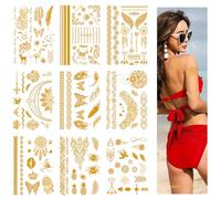 9 Hojas Doradas Pegatinas de Tatuaje, Tatuajes Temporales Metálicos Impermeables con 110+ Diseños para Adultos y Niños para El Verano Playa, Festivales de Música y Fiestas