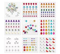 9 Hojas Pegatinas Gemas Cara, Pegatinas Autoadhesivas Joyas para la Cara que Incluyen Estrellas, Flores, Forma de Gota, Bonitas Joyas de Diamantes para Maquillaje, Fiestas, Festivales (Patrón 1)
