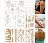 9 Hojas Tatuajes Temporales, Tatuajes Metalico Purpurina Oro Adultos Mujeres y Niñas, Tatuaje Adhesivos Doradas Brillantes, Bonitas Tatuajes Falsos, Pegatinas de Tatuajes Impermeable para Fiesta