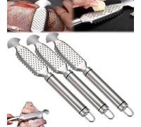 9 Inch Stainless Steel Fish Scaler with Ginger and Garlic Grinding Plate, Stainless Steel Fish Scaler with Hanging Handle for Descaling, Grating and Cleaning (3Pcs)