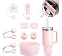 9 Piezas Accesorios para Stanley Cup, Incluye 6 Protectores Antiderrame para Stanley Cup, 2 Tapas de Paja, 2 Accesorios Colgantes, 1 Funda de Silicona Compatible con Stanley Cup 1,2 l y 850 ml, Rosa