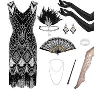 9 piezas Charleston Disfraz de mujer con flecos años 20, flapper, cuello en V, accesorios, collares, pendientes, para fiesta de los años 20