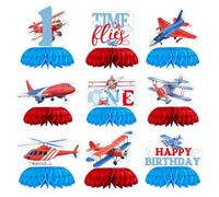 9 piezas de decoración de avión para fiesta de primer cumpleaños, centros de mesa de panal de abeja azul y rojo, recuerdos para niñas y niños, temática de moscas del tiempo, suministros de fiesta de