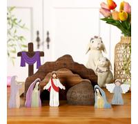 9 piezas de decoración de escena cristiana y cruz vacía, juego de belén de madera, juegos de belén y figuras, para interiores, patio, mesa, hogar, iglesia, noche familiar, Pascua
