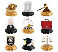 9 piezas de decoración de fiesta de graduación de la escuela de derecho, centros de mesa de papel de panal, felicitaciones, abogado, graduación, decoración de mesa para la escuela, suministros de