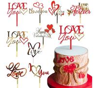 9 piezas de decoración para tartas de San Valentín, color rojo y dorado con corazón de amor, acrílico, para decoración de tartas, para el día de San Valentín, boda, aniversario, fiesta de cumpleaños,