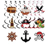 9 piezas de piratas colgantes para fiestas de piratas, decoración de pared, espiral, serpentina, calavera, loro y tesoros, ideal para fiestas temáticas como el Caribe, náutica y búsqueda del tesoro