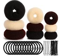 9 piezas Donut Bun Maker Fabricante de moño de pelo conjunto de bollo de estilo anillo con 12 piezas bandas elásticas para el cabello y 32 piezas horquillas (negro, marrón, beige)