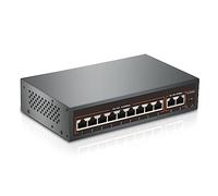 9 puertos PoE Switch con 2 Uplink, 9 puertos PoE+ 100Mbps, 120W 802.3af/at, Metal Desktop Wall Mountable, función VLAN,250 metros de extensión,Metal Fanless Plug and Play Network Switch