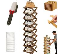 9 Tier Bamboo Shoe Rack,The 2-9 Tier No-Assembly Bamboo Rack, Foldable Vertical Narrow Shoe Organizer, Space-Saving Storage, for Entryway, Closet & Small Spaces Brown 9Tier