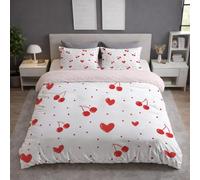 90 150 X 220 cm Juego de Funda Nórdica Rojo, Ropa de Cama Juego de Cama de Microfibra con Fundas, Patrón, Corazón Cereza Dibujo, Suave, Fácil Cuidado, Cierre Oculto, Ligero