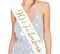 90 and Fabulous Satin Sash - 90th Birthday Sash 90 Birthday Gifts Party Favors Supplies and Decorations (White)