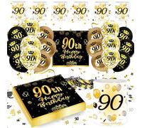 90 Cumpleaños Mujer Hombre Adornos, 90th Happy Birthday Decoracion Negros Dorados Globos Servilleta Linterna Confeti, Regalo y Birthday Decoración Mujer Hombre 90 Años (Decoración Mesa 90 Cumpleaños)
