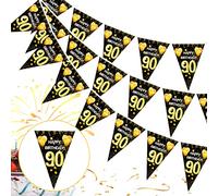 90 Cumpleaños Pancarta Triángulo Oro Negro, Banderines y Guirnalda Negra y Oro, Decoración de Fiesta