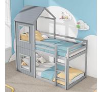 90 x 200 cm litera, cuna, cama de casa para niñas y niños, con escalera y dosel, profundidad del suelo, madera maciza, gris