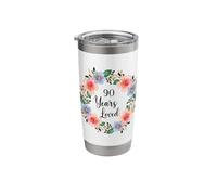 90 Years Loved 90th Birthday Floral 90 Years Loved for Women Vaso térmico de acero inoxidable de doble pared