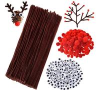 900 limpiadores de tuberías marrones, suministros de manualidades de Navidad, incluyendo 200 limpiadores de tuberías marrones, 350 ojos saltones y 350 pompones rojos para manualidades de renos de