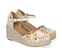 90133 Sandalias Valencianas de Cuna para Mujer con Diseno de Flores, Adornos Bordados y Cierre de Hebilla, Comodas, Ideales para Dias de Verano. Beige Talla 40