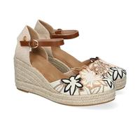 90138 Sandalias Valencianas de Cuna para Mujer con Diseno de Flores, Adornos Bordados y Cierre de Hebilla, Comodas, Ideales para Dias de Verano. Camel Talla 38