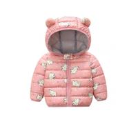 (90cm,Pink)Kid\'s Winter Puffer Jacket Printed Short Coat with Bear Ear Hood Zipper Closure