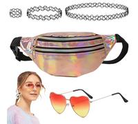 90er Jahre Accessoires 5 Stück 90s Outfit Damen Gürteltasche aus Laserstoff Tattoo Kette 90er Rosa Sonnenbrille Hippie Accessoires Perfekt für Festivals Neon-Partys und Karneval