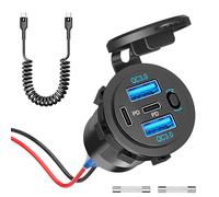 90W 12V Toma USB Cargador Coche : Enchufe Mechero Multi Puerto Doble PD 36W y Doble QC 18W Car Charger Socket con Botón Interruptor y Cable C a C para Barco Marina Autobús Camión Golf RV Motocicleta
