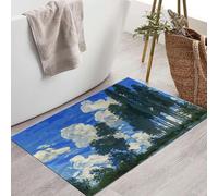 90X150Cm Felpudo Entrada Interior Antideslizante Paisaje Pintado Al Óleo De Estilo Retro, Cielo Bosque De Álamos Alfombra De Microfibra Suave Lavable Con Base De Goma Para Cocina Puerta Mascotas, Azul