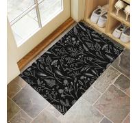 90X150Cm Felpudo Entrada Interior Antideslizante Plantas De Línea Simple, Flores Silvestres Pintadas A Mano Alfombra De Microfibra Suave Lavable Con Base De Tpr Para Cocina Puerta Mascotas, Negro
