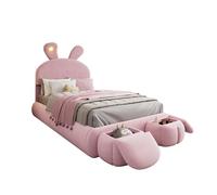 90x200 cm Cama acolchada de terciopelo rosa con orejas de conejo diseño regulable luz LED 2x taburete contenedor, estructura híbrida de madera-metal para habitación de los niños y dormitorio