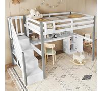 90x200 cm Cama Juvenil con Escritorio y Taquillas, Cama Alta con Cajones de Almacenaje, Estante Abierto y Escalera, Blanco y Gris