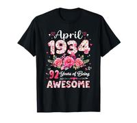 92 Años Abril 1934 Floral 92 Cumpleaños Hombres Mujeres Camiseta
