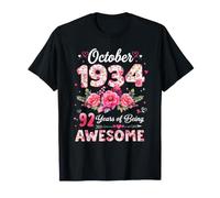 92 Años Octubre 1934 Floral 92 Cumpleaños Hombres Mujeres Camiseta