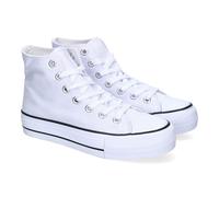 92141 Zapatilla Abotinada de Mujer, Comoda, con Material de Lona, Estilo Bamba Casual, y Cierre de Cordones Blanco Talla 36