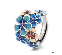 925 Anillo de declaración de esmalte de flores de plata esterlina para mujeres Bloom azul Pétalo de boda Classics Anillos de cócteles Cóctel Art Deco Ajustable Ajuste, KE-HR670-RS02