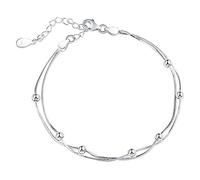 925 Double Layers Round Beads Charm &Bangle For Women Elegant Link Chain Wedding Jewelry