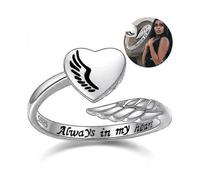 925 Silver Ring In The Shape Of A Heart And Feathers, with Open Angel Wings
