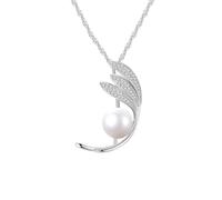 925 Sterling Silver Jewelry Necklace for Women Feather and Pearl with Cubic Zirconia White Pendant Necklaces