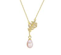 925 Sterling Silver Necklace, Cubic Zirconia Leaf and Pearl Pendant Necklaces