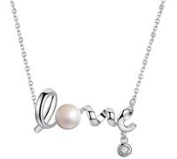 925 Womens Cute Necklaces for Women Letter Pendant White Pearl Necklace, Sterling Silver, Cubic Zirconia