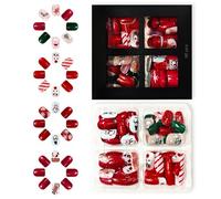 96 Piezas Glitterys Uñas Artificiales Rojo Verde Destellos Invierno De Nieve Tema Fiesta Desgaste Prensa En Uñas Rojo Verde Brillo Copos De Nieve Blancos